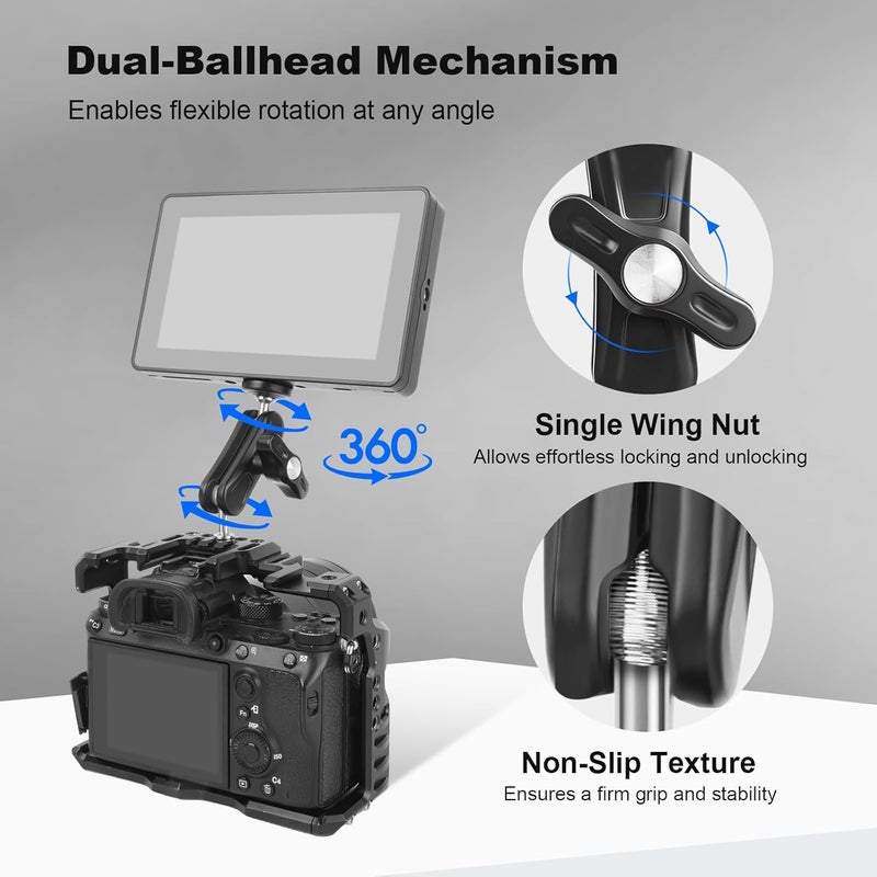 Mechrig Dual Ball Head Magic Arm Adapter with 1/4" Screw & Anti-Slip Grip - Aluminum Alloy Camera Rig Accessory for DSLR/Monitor/LED Light (68010) - Image 3